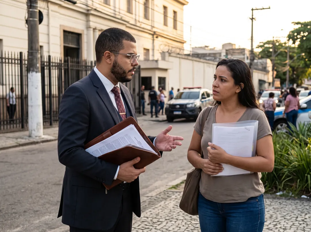 Advogado criminalista conversa com familiar de pessoa presa em frente a uma unidade prisional no Rio de Janeiro
